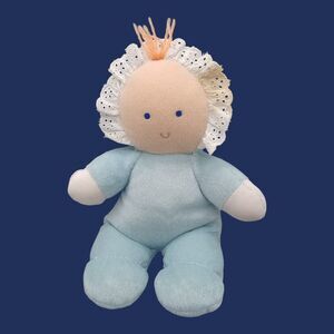 Vtg Animal Fair Blue Plush Baby Doll Stuffed Terry cloth Rattle Lace Toy 9" RARE